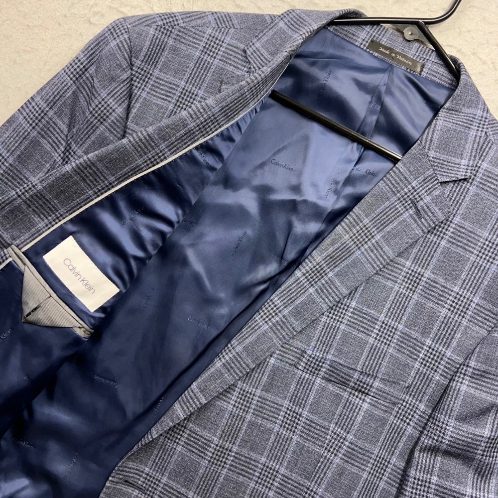 Calvin Klein Mens 52R Blue Glen Plaid Wool Blend 2 Button Suit Jacket Blazer